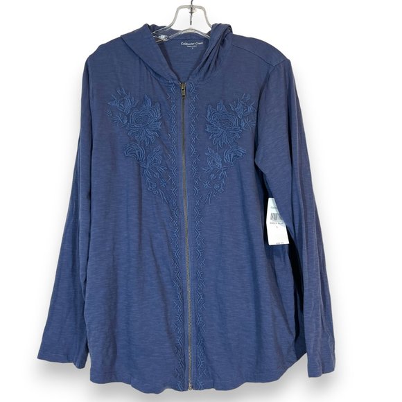 Coldwater Creek Jackets & Blazers - Coldwater Creek Blue Hoodie Hooded Embroidered Jacket Large Zip Pockets